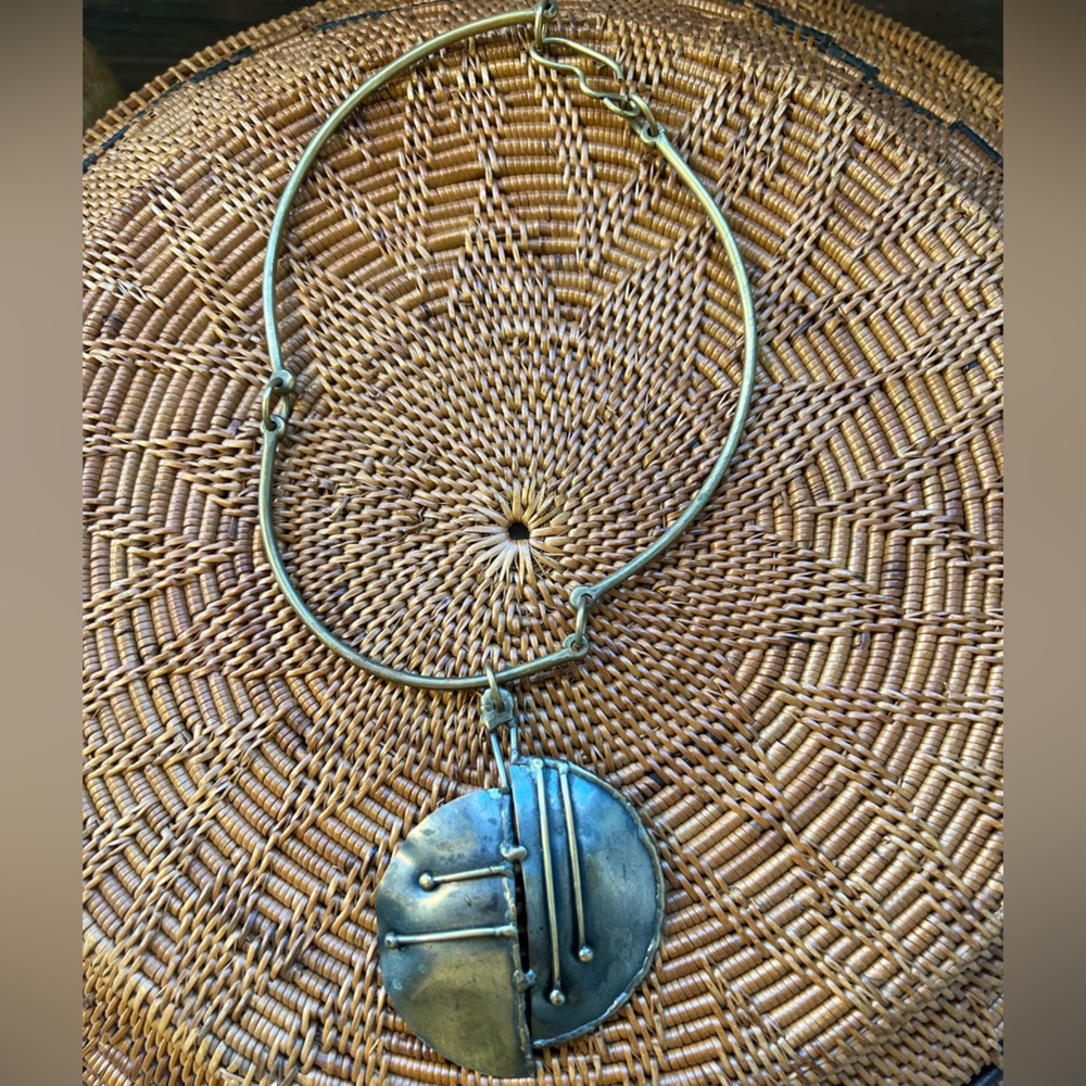 Modernist Sculptural Metal Collar Necklace Brutalist Style Statement Pendant